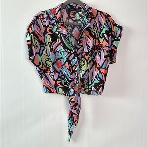 Milk & Honey Floral Burst Cropped Tie-Front Blouse - Dolman Sleeve